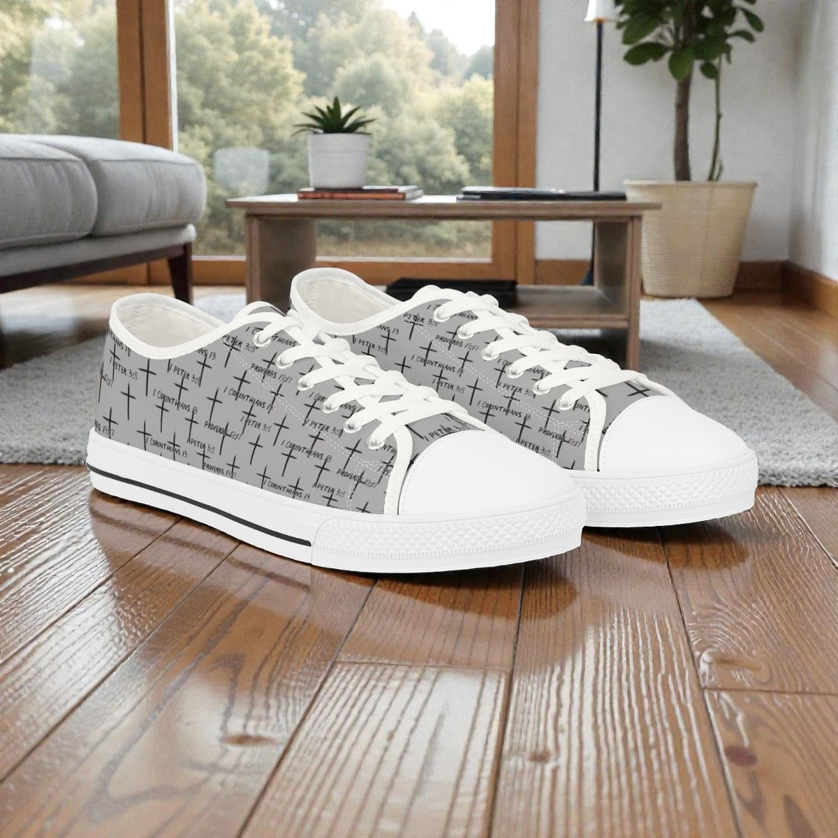 FaithWalks Trending Men's Faith Inspired Grey With Black Crosses and Scripture-Low Top Sneakers