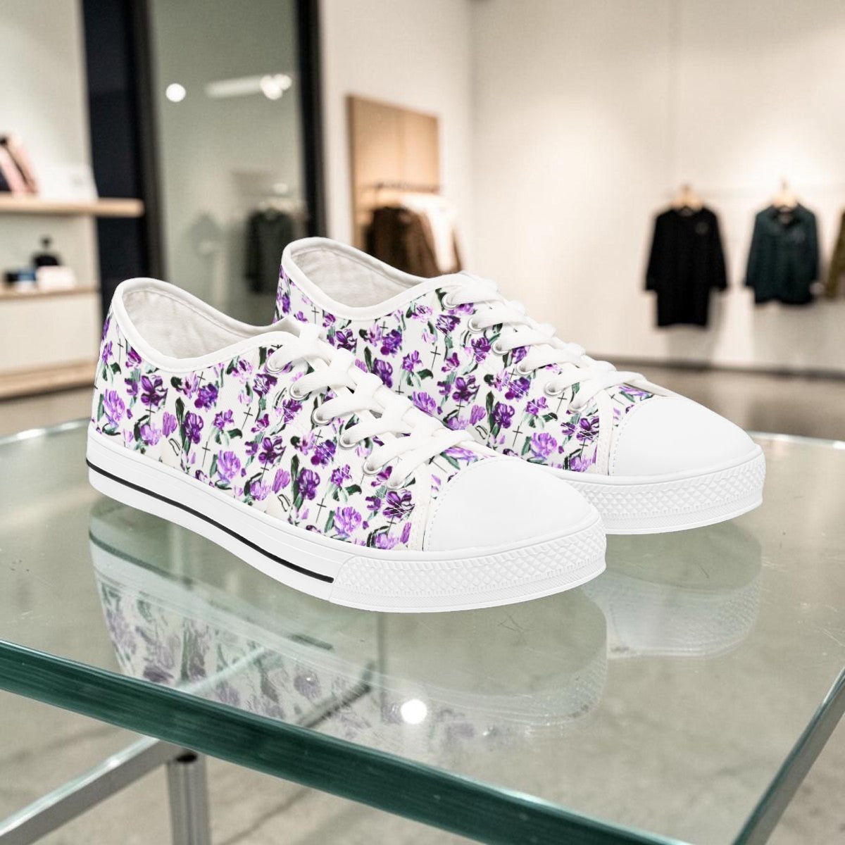 FaithWalks Floral Cross Sneakers — Women's Low Top Violet  Trending Shoes