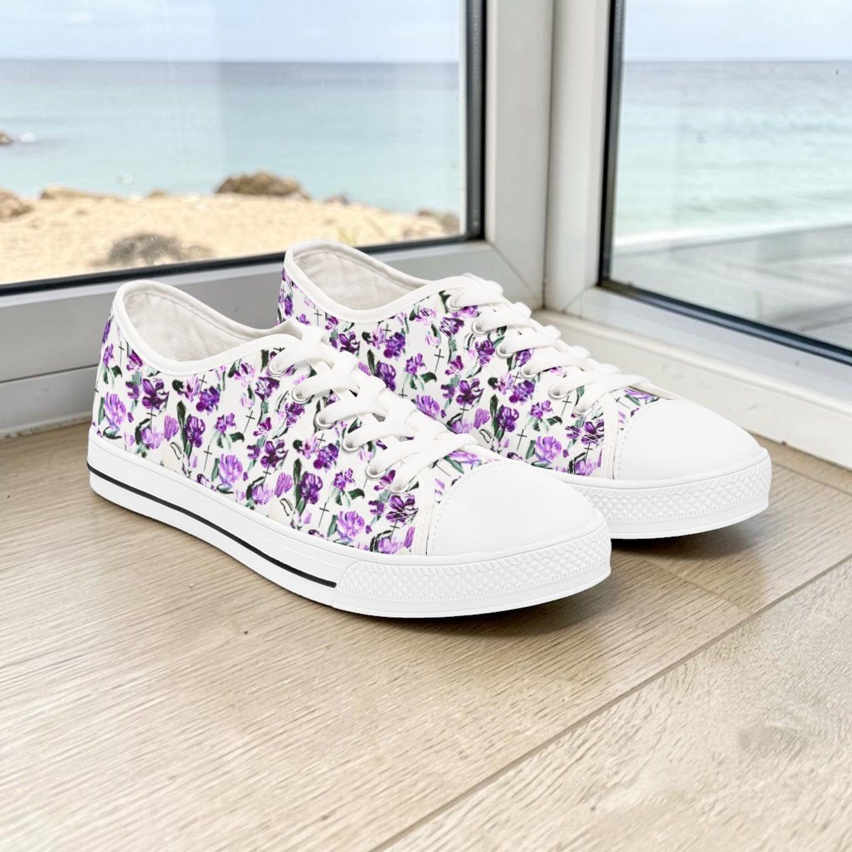 FaithWalks Floral Cross Sneakers — Women's Low Top Violet  Trending Shoes