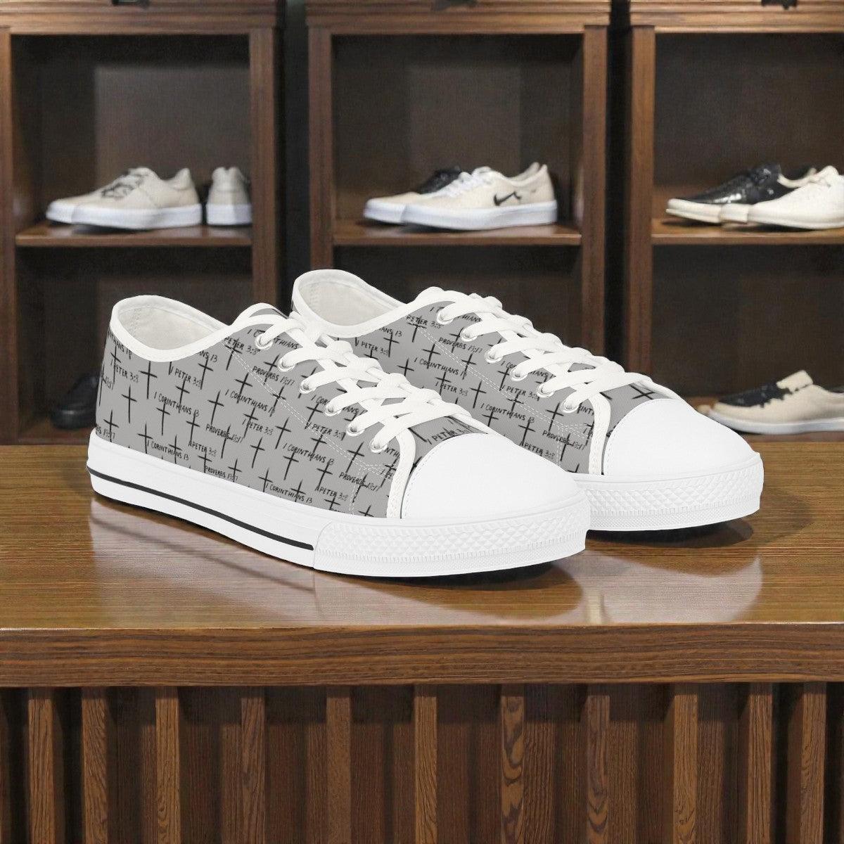 FaithWalks Trending Men's Faith Inspired Grey With Black Crosses and Scripture-Low Top Sneakers