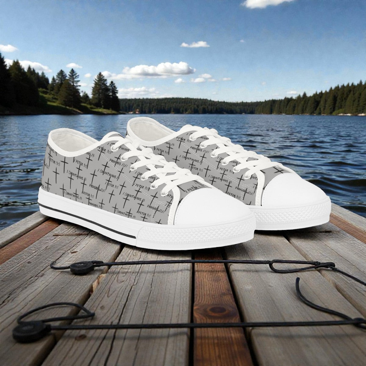 FaithWalks Trending Men's Faith Inspired Grey With Black Crosses and Scripture-Low Top Sneakers