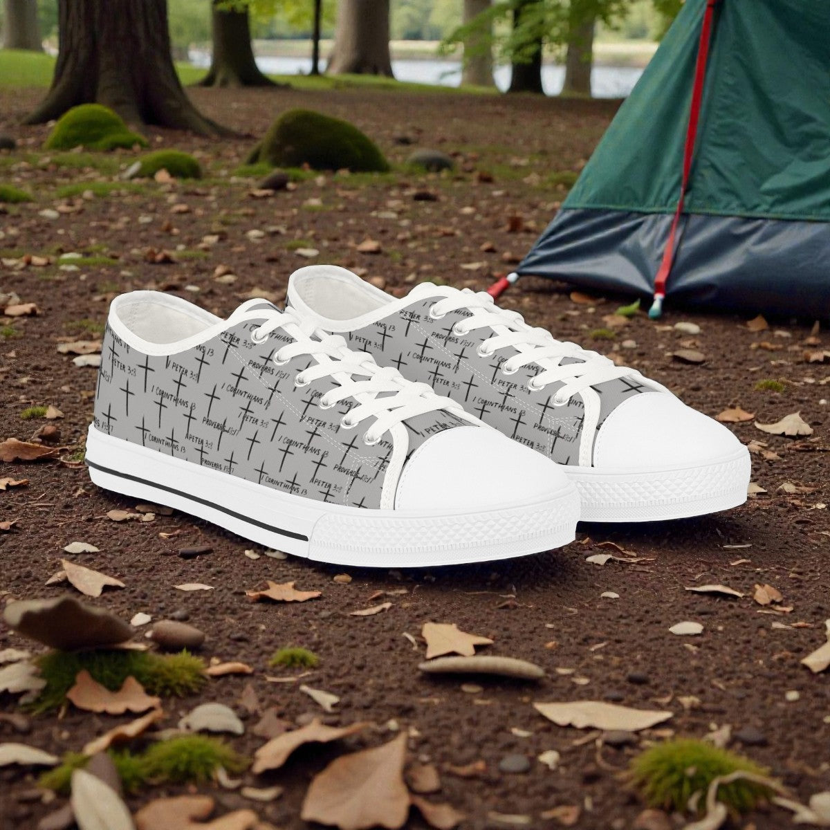 FaithWalks Trending Men's Faith Inspired Grey With Black Crosses and Scripture-Low Top Sneakers